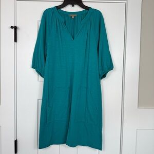 Lilla P Slub Knit Pocket Shirt Dress VNeck 3/4 Sleeve Turquoise Cotton Size XS